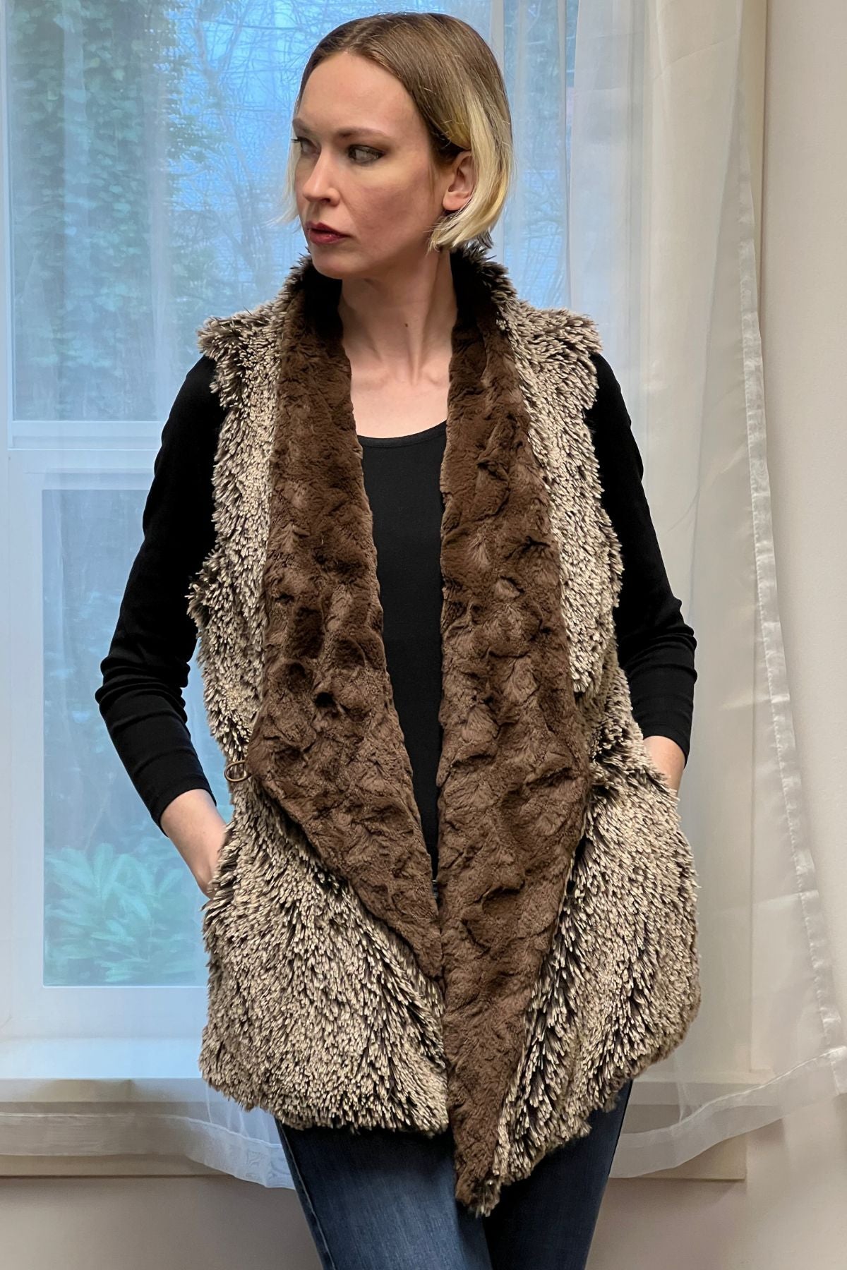 Asymmetrical Vest, Reversible less pockets - Silver Tip Brown Fox with Cuddly Fur - Sold Out!