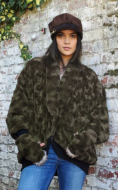 Bacall Jacket Cuddly Faux Fur in Army Green Handmade by Pandemonium Seattle