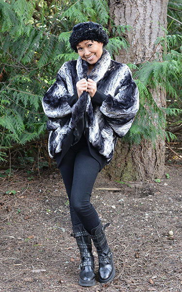 Bacall Jacket Luxury Faux Fur in Smouldering Sequoia Model Shot handmade by Pandemonium Seattle