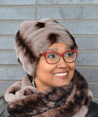Woman wearing Faux Fur Beanie Hat in Taupeful (Taupe and Golden-Brown) Royal Opulence Collection. Made In Seattle  