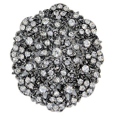 Rhinestone Brooch | Clear and Gunmetal Oval Medallion | from Pandemonium Millinery