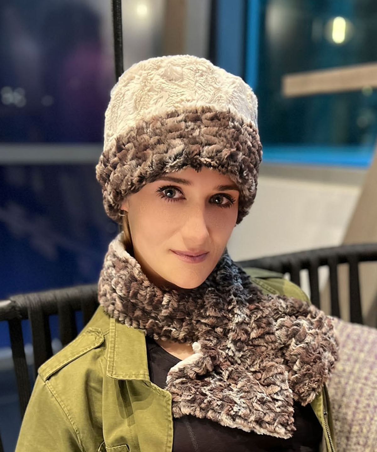  Women's Cuffed Pillbox on model | Calico Brown and Cream Faux Fur with Cuddly Sand | Handmade USA by Pandemonium Seattle