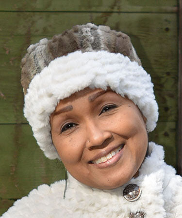 Cuffed Pillbox Hat, Reversible two tone Plush Faux Fur in Willows Grove Lined with Plush Fur in Falkor Model Shot by Pandemonium Millinery