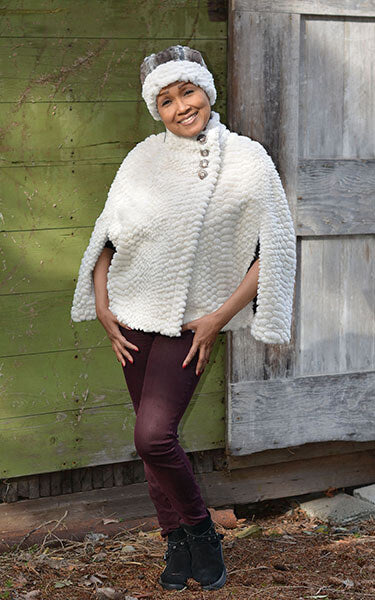 Shown in Plush Falkor Faux Fur with Button B19-06 Model Shot handmade in USA by Pandemonium Seattle