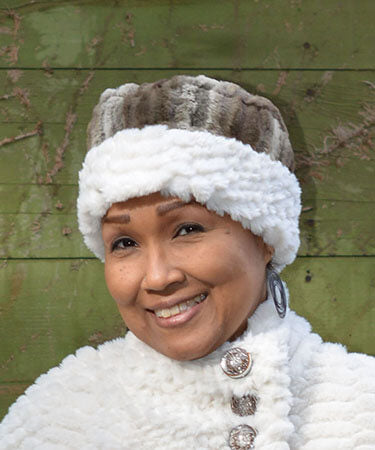 Cuffed Pillbox Hat, Reversible two tone Plush Faux Fur in Willows Grove Lined with Plush Fur in Falkor Model Shot by Pandemonium Millinery