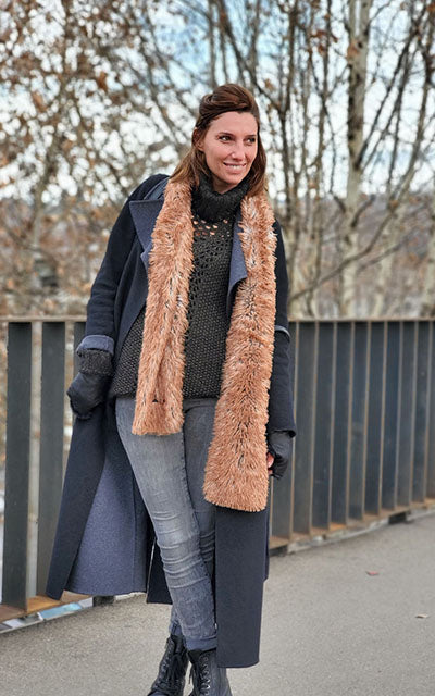  Model on outdoor walkway wearing women's Classic Skinny Scarf   | Red Fox Faux Fur, rust  | Handmade in Seattle WA | Pandemonium Millinery