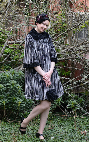 Crawford Coat 8mm in Black and White with Cuddly Black Lining Model Shot by Pandemonium Millinery