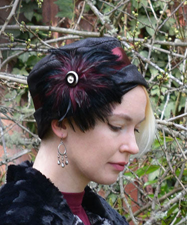 Women&#39;s Feather Medallion in Black Burgundy with Silver/Black Glass Button on Hat | Handmade in Seattle WA | Pandemonium Millinery