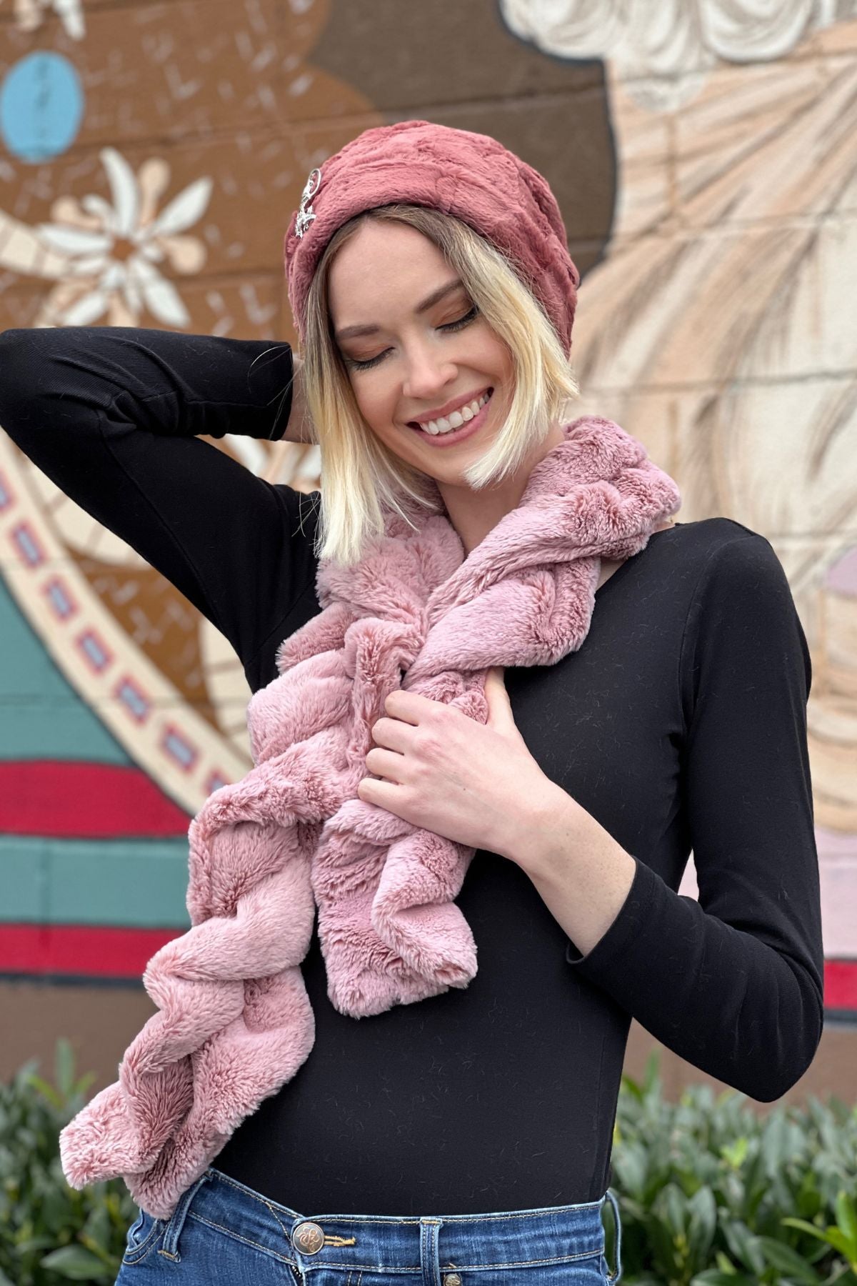 Scrunchy Scarf Model Shot | Frosted Cedar Faux Fur | Handmade USA by Pandemonium Seattle