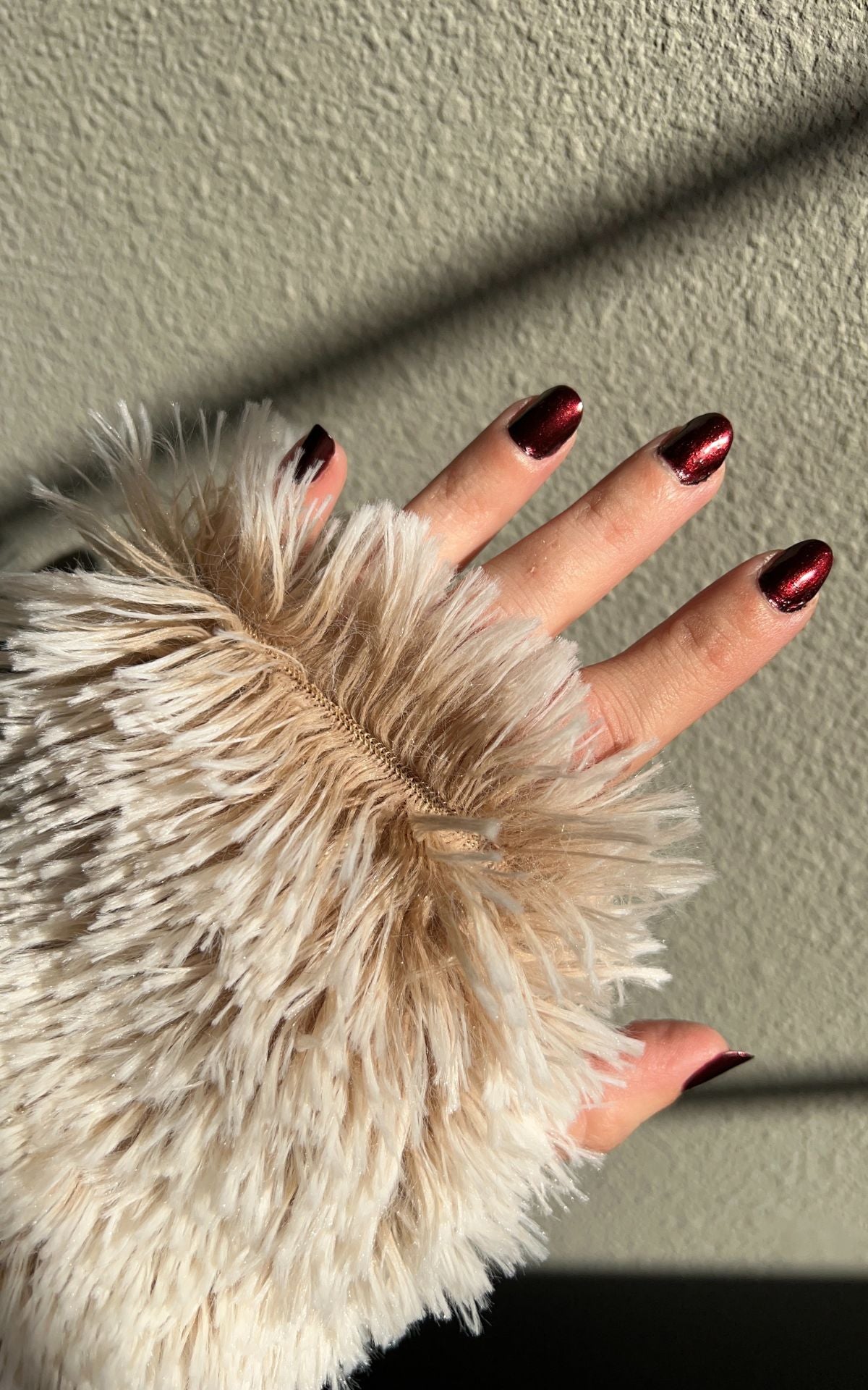 Close up of Foxy Beach Faux Fur Fingerless Glove. Made in Seattle, WA, USA. Pandemonium Seattle.