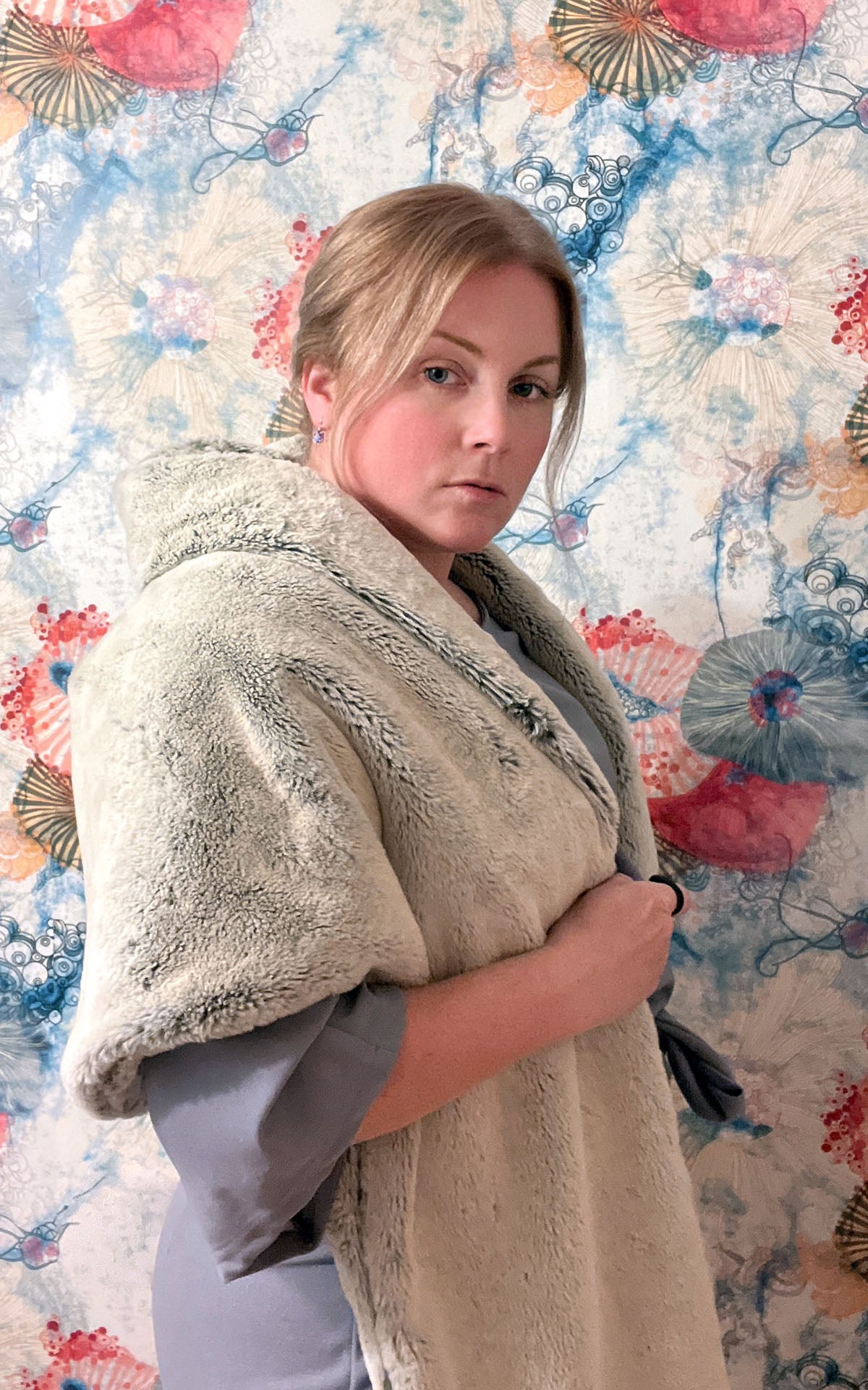 Shrug Wrap on Model | Frosted Juniper | Handmade in the USA by Pandemonium Millinery