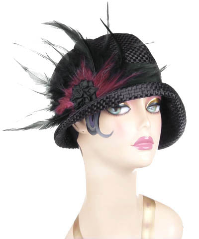 Product Shot of Grace Cloche Interconnected in Black with Black and Burgundy Band Featuring Black and Burgundy Feather Brooch | Hand made By Pandemonium Millinery | Seattle WA USA