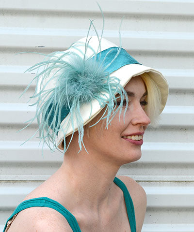 Grace Cloche Style Hat Linen in Seashell  with Seafoam Feather and Dupioni Band | By Pandemonium Millinery | Seattle WA USA