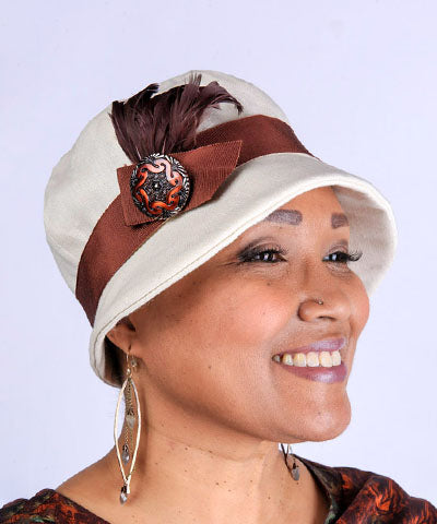 Grace Cloche Style Hat Linen in Seashell  with Seafoam Feather and Dupioni Band | By Pandemonium Millinery | Seattle WA USA
