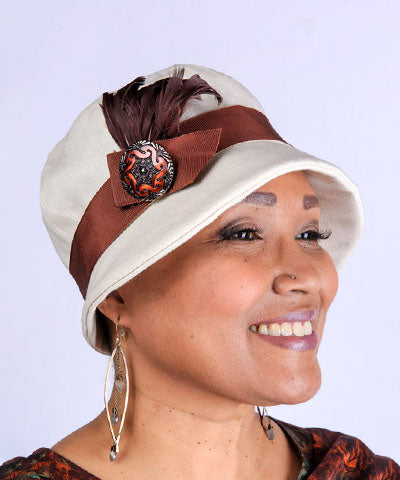 Grace Cloche Style Hat Linen in Seashell Featuring Chocolate Grosgrain Band and Pinwheel Flower Brooch | By Pandemonium Millinery | Seattle WA USA