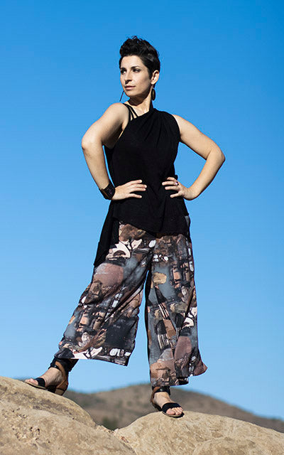 Model is wearing SW guacho pants and Moab Top by Leigh Young Collection handmade in Seattle WA USA
