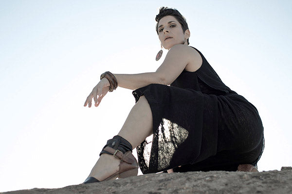 Close up of woman modeling Gaucho Pants in Scorpion and Moab Top in Scorpion. Leigh Young Collection