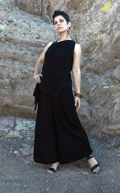 Woman modeling Gaucho Pants in Scorpion and Moab Top in Scorpion. Leigh Young Collection