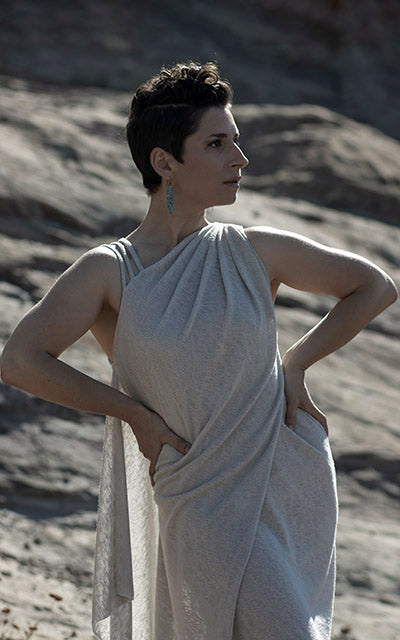 Close up of model in Moab Dress in Sandstone handmade in Seattle ,WA by Leigh Young Collection