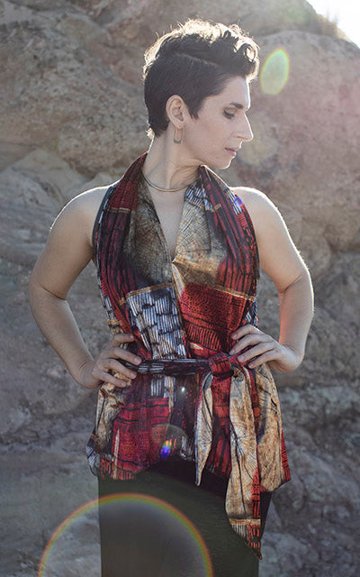 Model in Sedona Top Painted Desert handmade Leigh Young Collection in Seattle WA USA