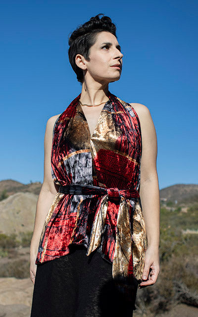 Woman modeling in Sedona Top Painted Desert handmade Leigh Young Collection in Seattle WA USA