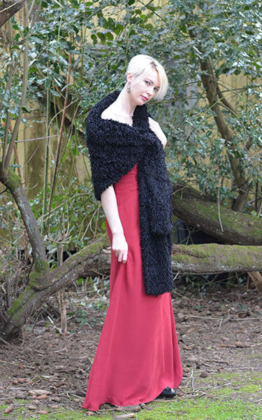 Shrug Wrap Black Swan Faux Feather Fur Looped Model Shot Handmade in Seattle WA by Pandemonium Seattle