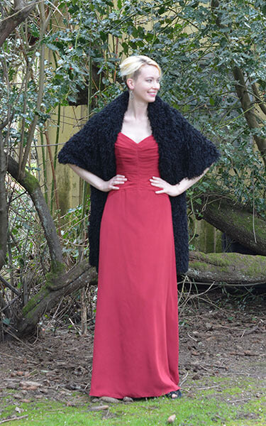 Shrug Wrap Black Swan Faux Feather Fur Model Shot Handmade in Seattle WA by Pandemonium Millinery
