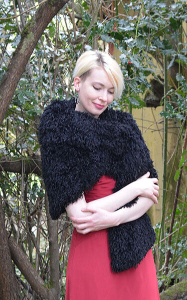 Shrug Wrap Black Swan Faux Feather Fur Model Shot Handmade by Pandemonium Seattle