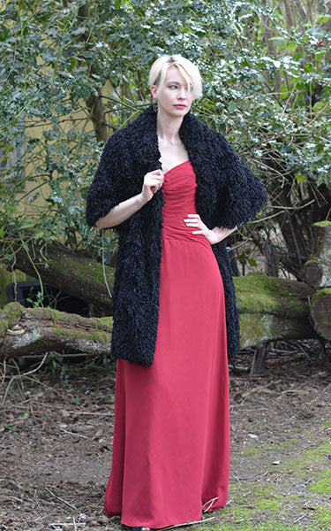 Shrug Wrap Black Swan Faux Feather Fur Model Shot Handmade in Seattle WA by Pandemonium Seattle