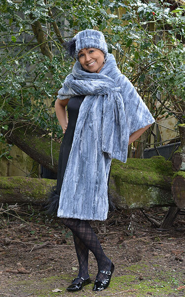 Women's Shrug Wrap Luxury Faux Fur in Glacier Bay Model Shot handmade by Pandemonium Seattle