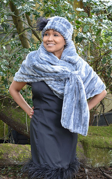 Women's Shrug Wrap Luxury Faux Fur in Glacier Bay Model Shot handmade by Pandemonium Seattle
