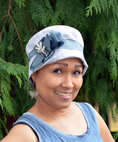 Lola Hat in Metallic Silver Linen with Taffeta Band and Brooch Handmade by Pandemonium Seattle