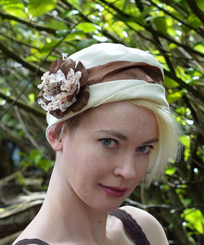 Lola Hat Linen in Seashell with Brown Flower Brooch Handmade by Pandemonium Seattle