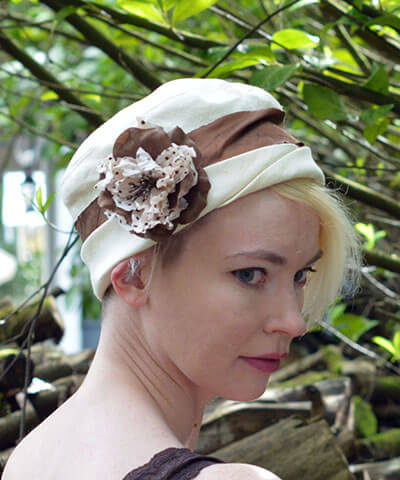 Flower Brooch in Brown &amp; Cream Polka Dots on Linen Cloche Hat | Pandemonium Millinery