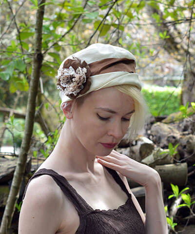 Lola Hat Linen in Seashell with Polka Dot Flower Brooch Handmade by Pandemonium Seattle