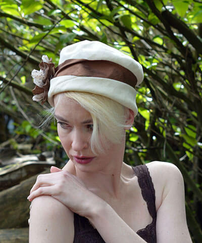 Lola Hat Linen in Seashell with Brown Dupioni Band Handmade by Pandemonium Seattle