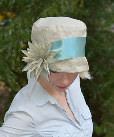 Lola Hat in Oatmeal Linen with Large Flower Brooch and Satin Band Handmade by Pandemonium Seattle