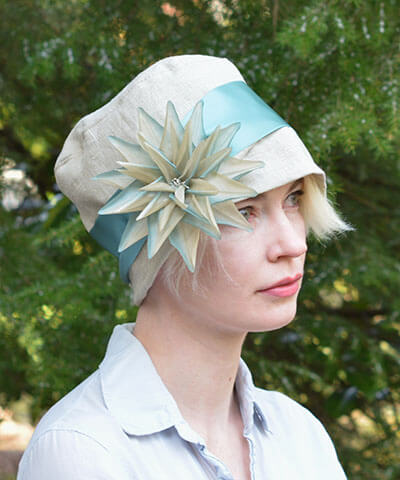 Lola Hat in Oatmeal Linen with Flower Brooch Handmade by Pandemonium Seattle