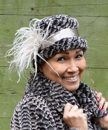 Lola Cloche Hat Style Luxury Faux Fur in 8mm in Sepia with Ostrich Feather Brooch Handmade by Pandemonium Seattle