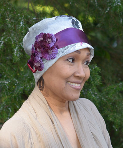 Lola Hat in Multi-Floral Linen with Flower Brooch Handmade by Pandemonium Seattle