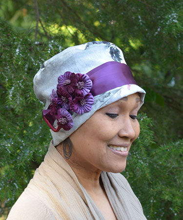 Women&#39;s Velvet Flower Brooch in Plum Lilac with Satin Ribbon on Hat | Assembled in Seattle WA | Pandemonium Millinery