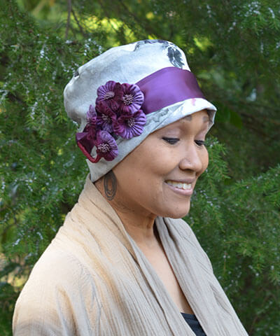 Lola Hat in Multi-Floral Linen with Flower Brooch Handmade by Pandemonium Seattle