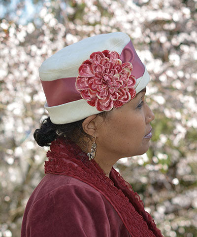Lola Hat Linen in Seashell with Large Pink Flower Trim Handmade by Pandemonium Seattle