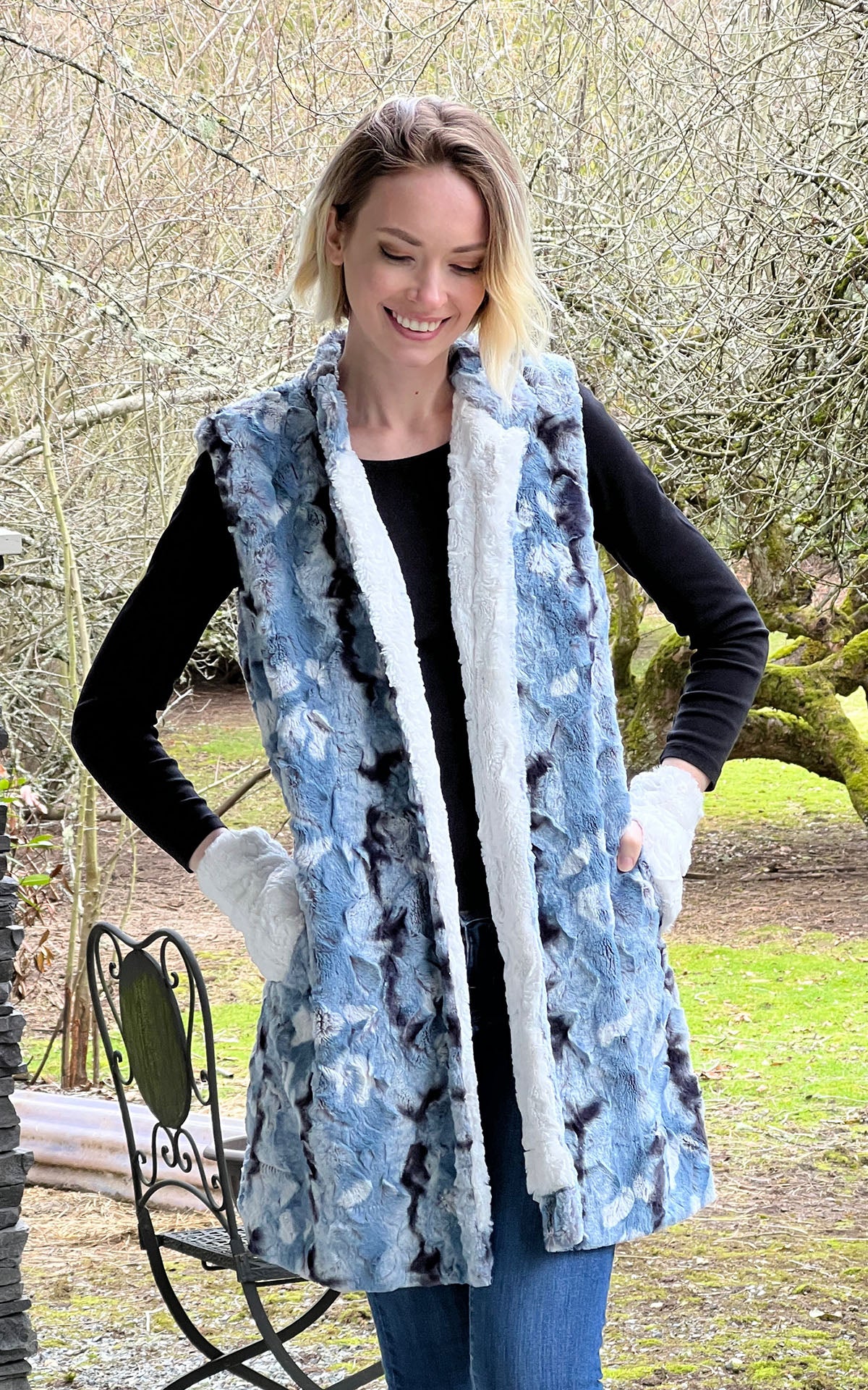 Mandarin Vest Long | Rainier Sky Faux Fur with Ivory Lining | Handmade in the USA by Pandemonium Seattle