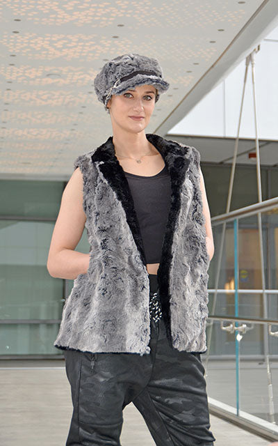 Woman wearing Mandarin Vest Short with matching Valerie Cap | Seattle Sky Luxury Faux Fur | Handmade in Seattle WA USA by Pandemonium Millinery