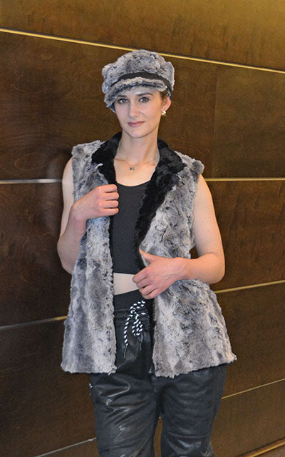 Woman wearing Mandarin Vest Short with matching Valerie Cap | Seattle Sky Luxury Faux Fur | Handmade in Seattle WA USA by Pandemonium Millinery