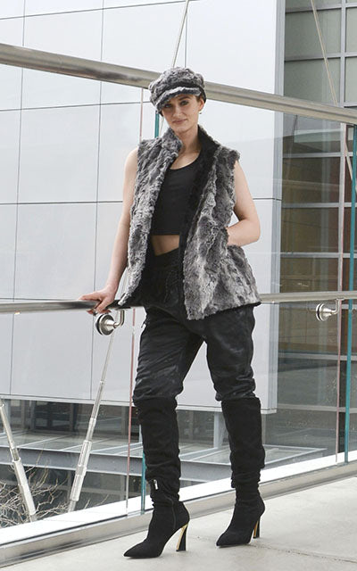 Woman wearing Mandarin Vest Short | Seattle Sky Luxury Faux Fur | Handmade in Seattle WA USA by Pandemonium Millinery