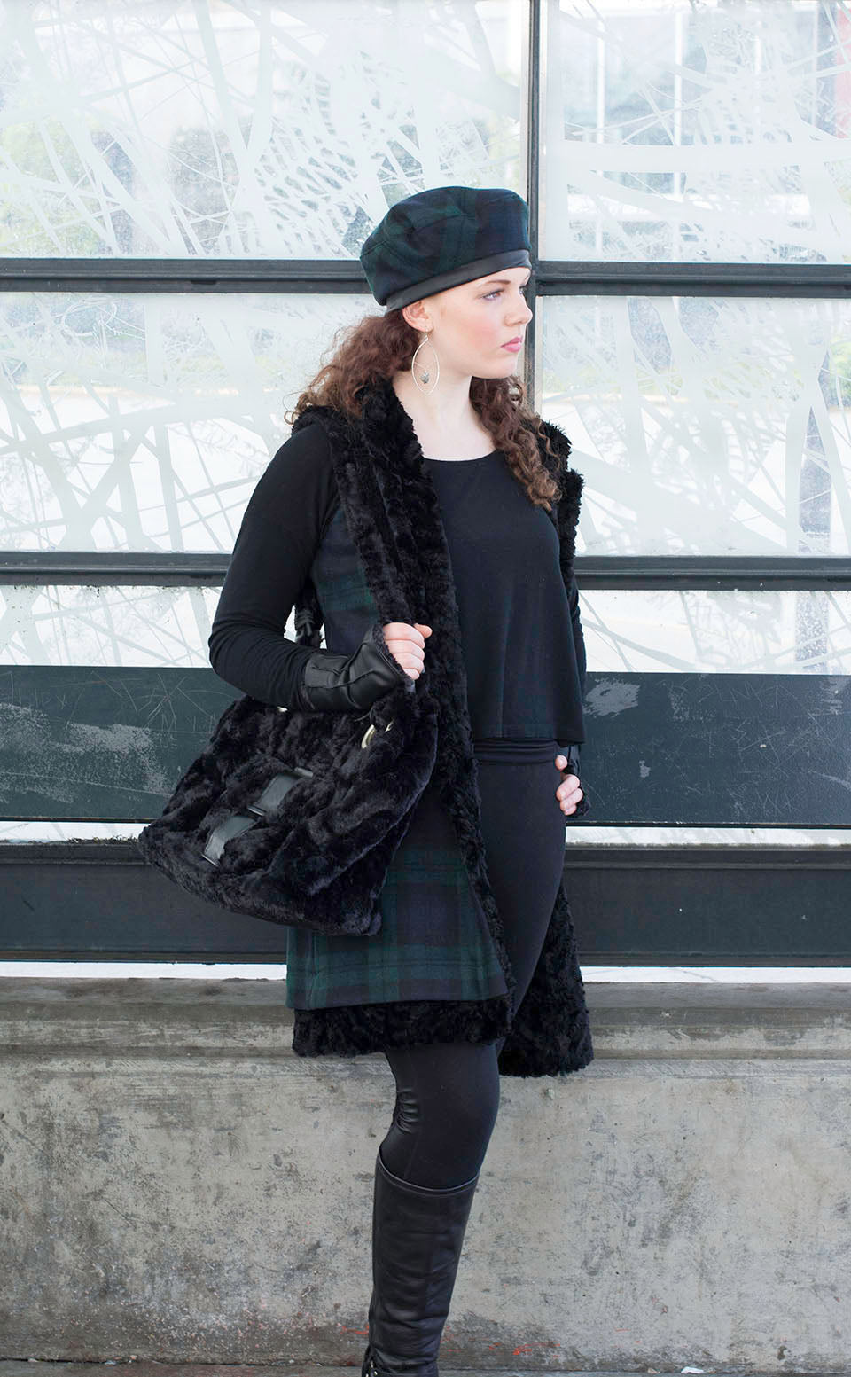 Woman wearing Mandarin Vest, Reversible less pockets - Wool Plaid in Nightfall and Cuddly Black Outerwear Pandemonium Millinery