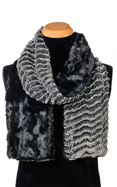 Men&#39;s Standard Scarf | Desert Sand Charcoal Luxury Faux Fur and Black | handmade in Seattle, WA USA by Pandemonium Millinery