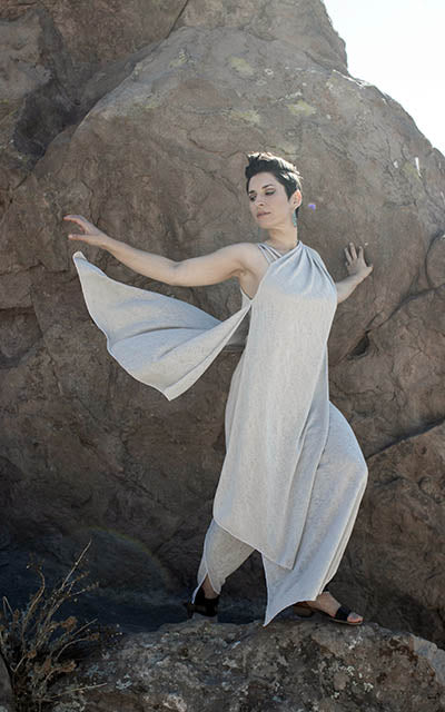 Woman modeling in Moab Dress in Sandstone handmade in Seattle ,WA by Leigh Young Collection